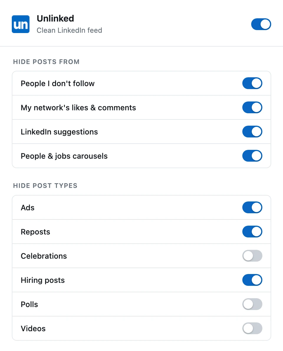 Unlinked advanced settings with switches to hide posts from people you don't follow, network likes and comments, LinkedIn suggestions, ads, reposts, celebrations, hiring posts, polls and videos