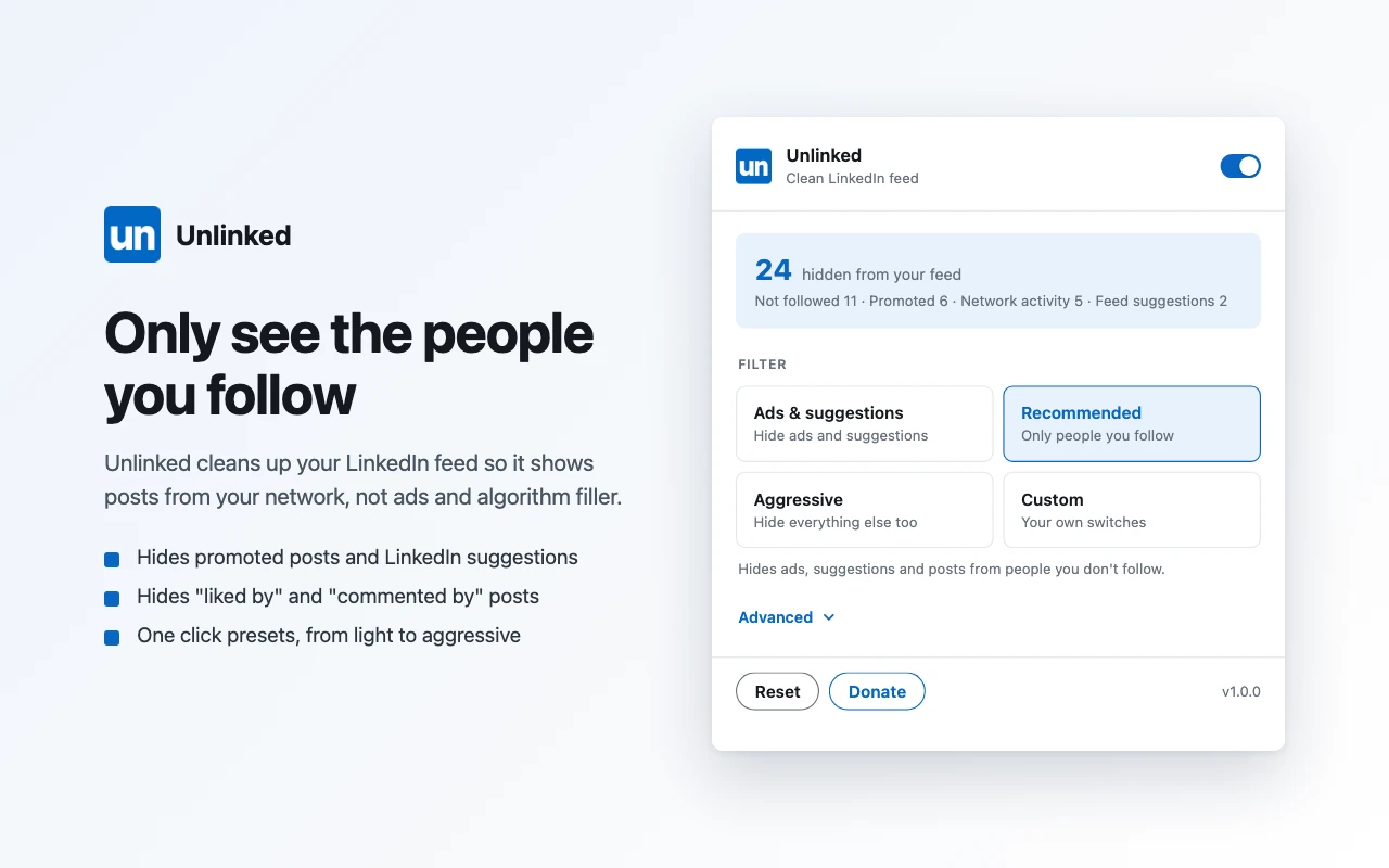 Unlinked popup showing 24 posts hidden from the LinkedIn feed with the Recommended filter selected