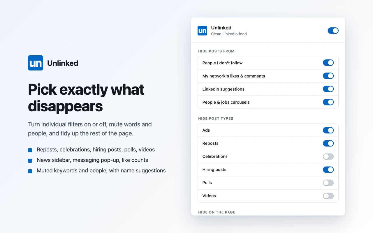 Unlinked advanced settings: choose exactly which post types and page elements to hide